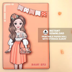 May include: A printable paper doll with a storage album. The doll is a cartoon illustration of a woman with long brown hair, wearing a white top, peach skirt, and carrying a purse. The background is peach with a banner and the text "INSTANT DOWNLOAD PRINTABLE PAPER DOLL WITH STORAGE ALBUM".