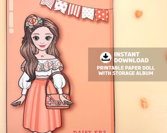May include: A printable paper doll with a storage album. The doll is a cartoon illustration of a woman with long brown hair, wearing a white top, peach skirt, and carrying a purse. The background is peach with a banner and the text "INSTANT DOWNLOAD PRINTABLE PAPER DOLL WITH STORAGE ALBUM".