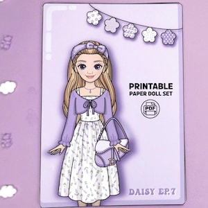 May include: A printable paper doll set featuring a cartoon girl in a lavender outfit, holding a matching purse. The set includes a PDF icon and the text "PRINTABLE PAPER DOLL SET" and "DAISY EP.7". The background is a soft lavender color.