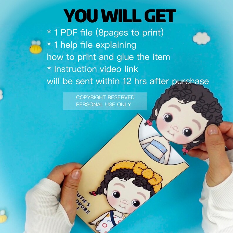 Op de afbeelding: Lichtblauwe achtergrond met de tekst "YOU WILL GET". De afbeelding toont een papieren pop met een beige envelop. De tekst op de envelop luidt "CUTIE'S DROBE". De afbeelding bevat ook bijen- en wolkenuitsparingen.