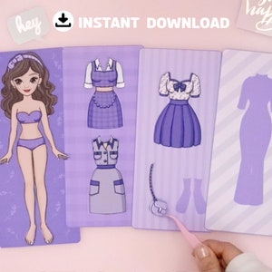 May include: Purple paper doll set with a female doll and various outfits. The outfits include a dress with a white collar, a dress with a plaid skirt, a dress with a floral top, and a long dress. The doll and outfits are printed on cardstock.