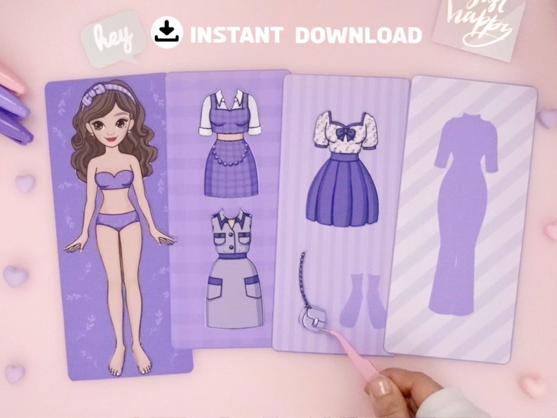May include: Purple paper doll set with a female doll and various outfits. The outfits include a dress with a white collar, a dress with a plaid skirt, a dress with a floral top, and a long dress. The doll and outfits are printed on cardstock.