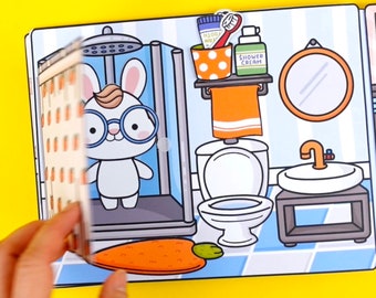 May include: A white bunny wearing glasses stands in a blue shower stall. The bunny has a brown nose and a brown tuft of hair on its head. The shower stall has a white shower head and a white shower curtain. There is a carrot on the floor of the shower stall.