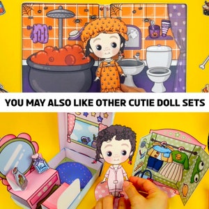 Op de afbeelding: Een papieren poppenset met een Halloween-thema. De set bevat een pop in een Halloween-outfit, een badkamersc&egrave;ne met een ketel en een slaapkamersc&egrave;ne met een kledingkast. De tekst "YOU MAY ALSO LIKE OTHER CUTIE DOLL SETS" is zichtbaar.
