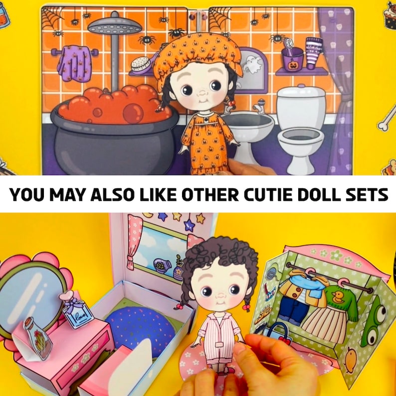 Op de afbeelding: Een papieren poppenset met een Halloween-thema. De set bevat een pop in een Halloween-outfit, een badkamersc&egrave;ne met een ketel en een slaapkamersc&egrave;ne met een kledingkast. De tekst "YOU MAY ALSO LIKE OTHER CUTIE DOLL SETS" is zichtbaar.