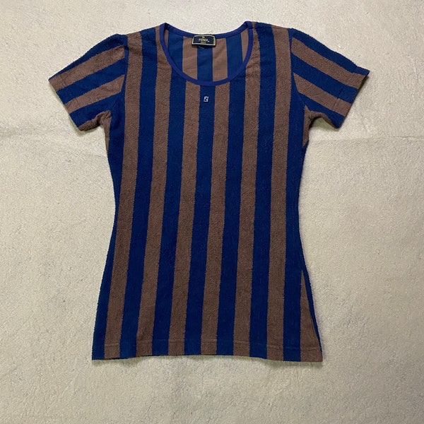 Fendi Zucca Small Logo Tops Cotton Tee Vintage Fendi Striped Tops Women Tee