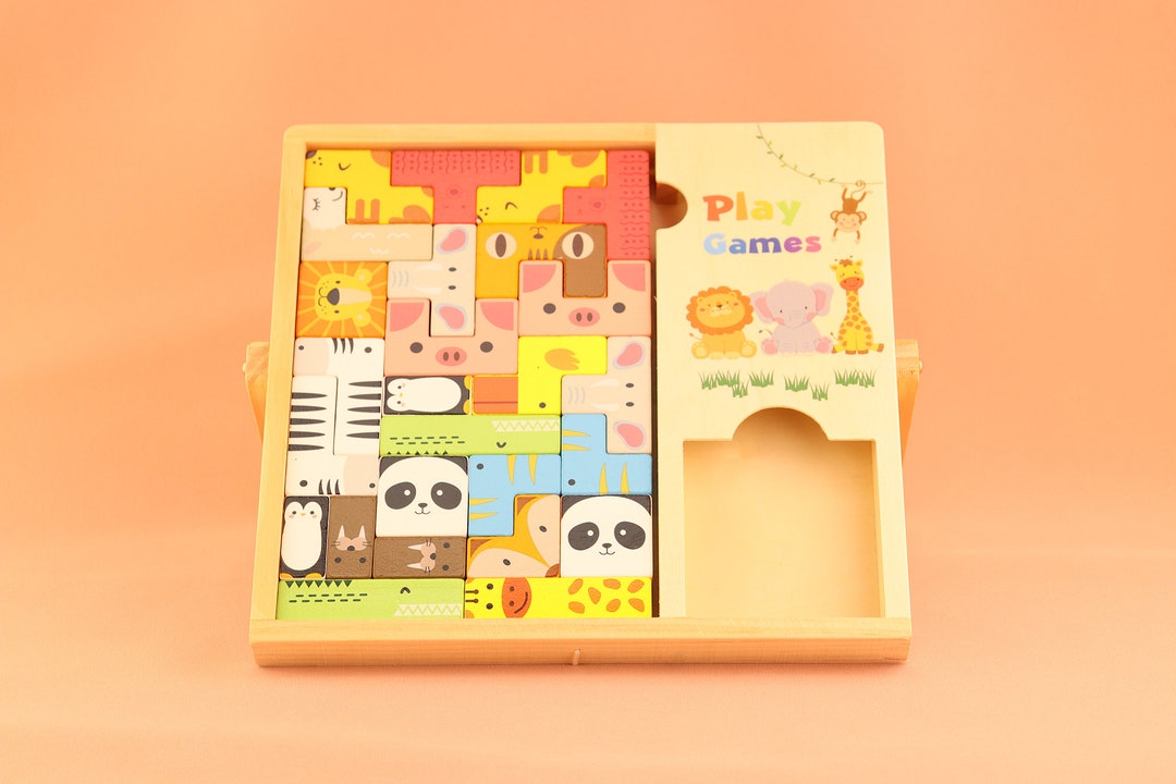 Animal Wooden Tetris Puzzle Board Games, Wood Tetris Kids Toy,building