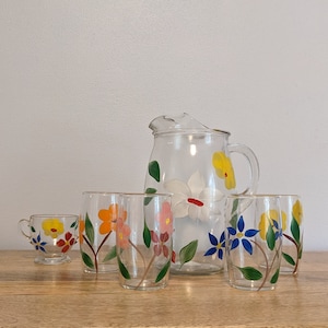 Vintage Bartlett Collins Glass Gay Fad Flower Juice Set 6-pc