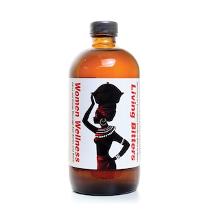 May include: A brown glass bottle with a label that says "Living Bitters" and "Women Wellness". The label features a black silhouette of a woman carrying a pot on her head. The text on the label reads "Discovering the Extraordinary Benefits of Bitters for Women" and "Detox and Energy Beverage Feel Better, Live Better".
