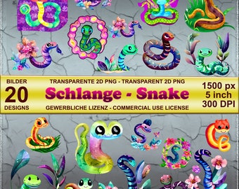 20 cliparts serpent aquarelle 2D : graphiques PNG serpents élégants, fond transparent, invitations, scrapbooking, projets créatifs