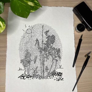 Kalligrafische Zeichnung von Don Quijote, inspiriert von der Zeichnung von Pablo Picasso.