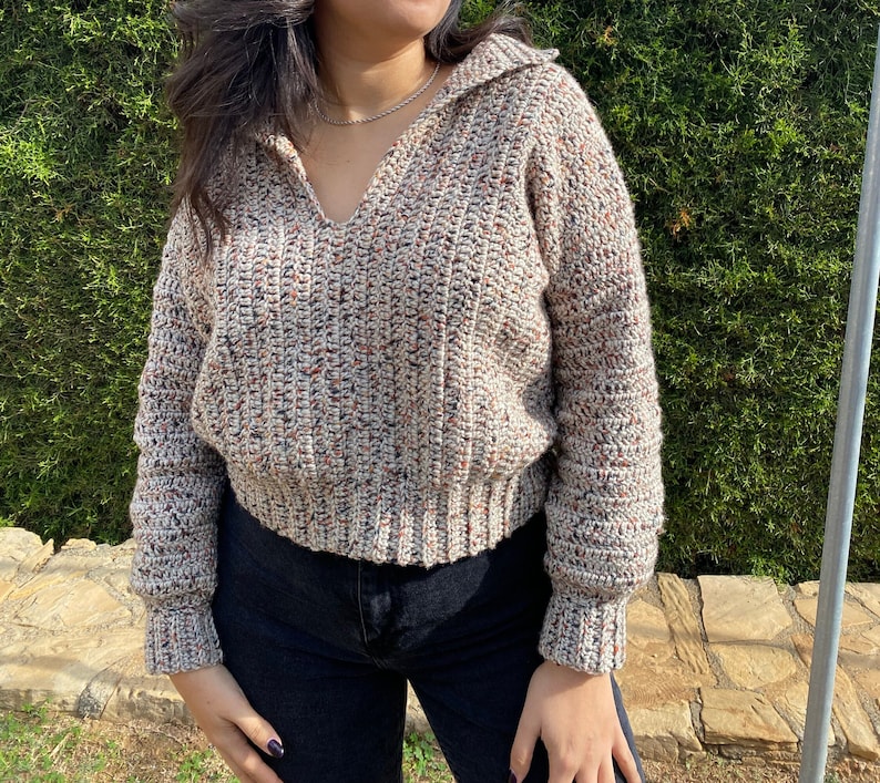 May include: A beige, brown, and red speckled knit sweater with a collared neckline. The sweater has a cropped fit and long sleeves.
