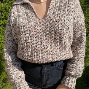 May include: A beige crocheted sweater with a v-neck and long sleeves. The sweater has a speckled pattern with brown, black, and white yarn.