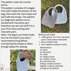 May include: A crochet tote bag pattern with instructions for making a tote bag using macrame yarn. The pattern includes a list of materials needed, abbreviations, and a step-by-step guide. Two finished tote bags are shown in the image, one in a light gray color and the other in a white color.