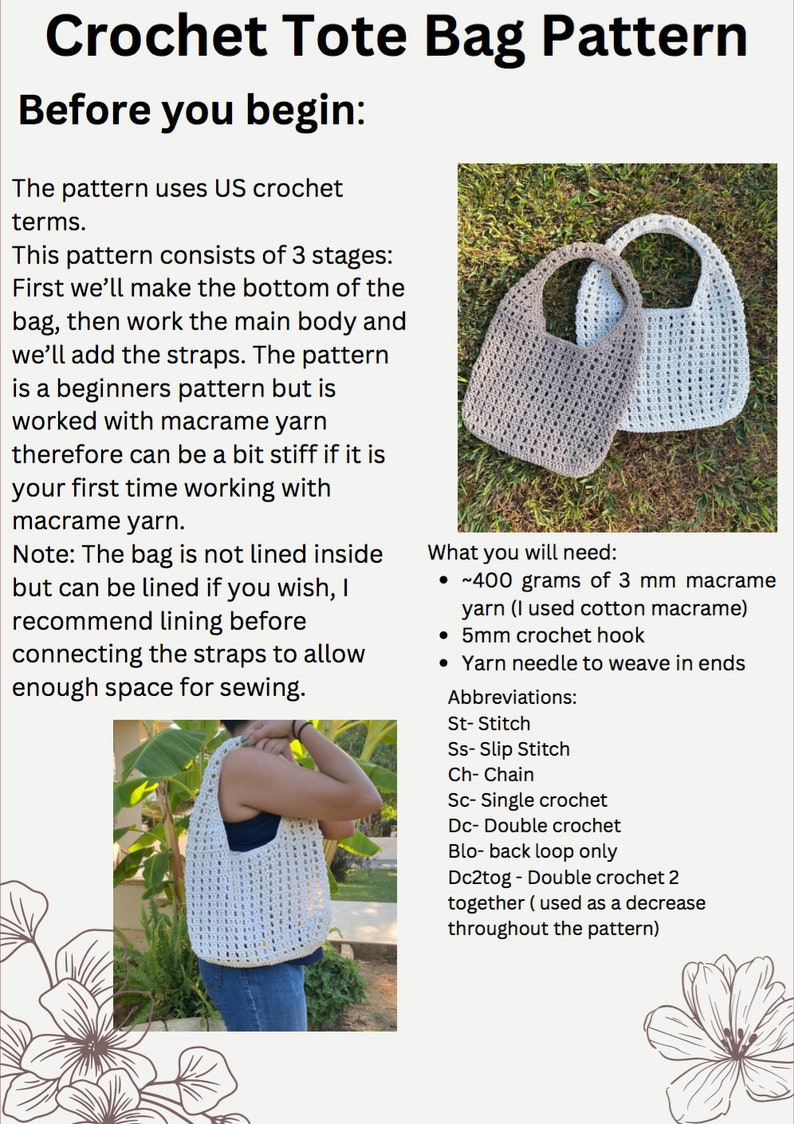 May include: A crochet tote bag pattern with instructions for making a tote bag using macrame yarn. The pattern includes a list of materials needed, abbreviations, and a step-by-step guide. Two finished tote bags are shown in the image, one in a light gray color and the other in a white color.