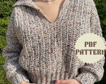 Vega Pullover Schnittmuster | Häkelmuster Pullover mit Kragen, Häkelmuster für Pullover