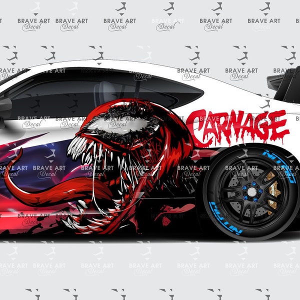 Calcomanía de Carnage Car, superhéroe americano el personaje de Marvel Comics, librea de coche diseñada por Carnage, envoltura de vinilo fundido, tamaño universal, envoltura de coche