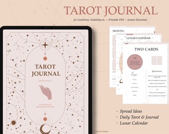 May include: A digital illustration of a tarot journal with a pink background and gold stars. The journal cover features a hand reaching up to a star with the text "Tarot Journal" and "I open myself to guidance from the universe". The image also shows a sample page with a lunar calendar and a two-card spread.