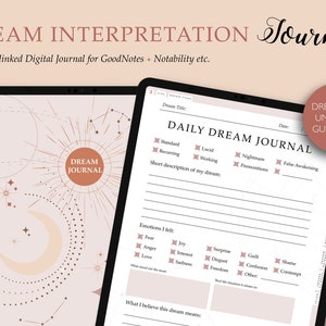 May include: A digital journal template for dream interpretation with a pink and brown colour scheme. The template includes sections for dream title, date, dream type, dream description, emotions felt, and what the dream means. The text "DREAMS ARE UNIQUE IN GUIDING US" is in a circle at the top right corner of the template.