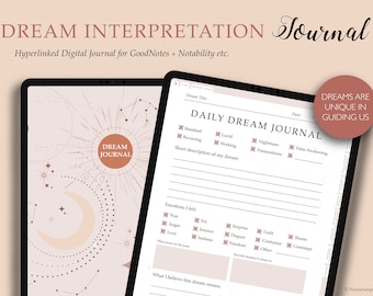 Può includere: Un modello di diario digitale per l'interpretazione dei sogni con uno schema di colori rosa e marrone. Il modello include sezioni per il titolo del sogno, la data, il tipo di sogno, la descrizione del sogno, le emozioni provate e cosa significa il sogno. Il testo "DREAMS ARE UNIQUE IN GUIDING US" è in un cerchio nell'angolo in alto a destra del modello.