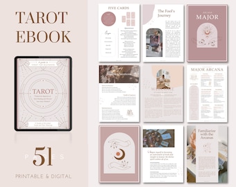 May include: A digital ebook titled "Tarot" with a pink and gold design. The ebook is 51 pages long and is printable and digital. The cover features a tarot card with a geometric design and the words "A Guide to Tarot for Beginners".