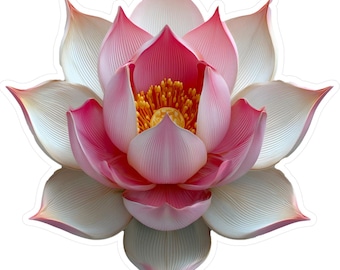 May include: A vibrant lotus flower sticker with a detailed design. The petals transition from white to pink, with a bright yellow center. The sticker is cut around the flower's shape, creating a clean, eye-catching image.