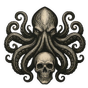 Op de afbeelding: Een zwart-witte illustratie van een octopus met een schedel in zijn tentakels. De octopus heeft een dreigende uitdrukking en de schedel heeft een tandenrij.