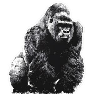 Könnte beinhalten: Schwarz-Weiß-Illustration eines Gorillas in sitzender Position. Der Gorilla hat dichtes, dunkles Fell und blickt nach vorne. Das Bild ist eine detaillierte Zeichnung, die die Merkmale und Textur des Tieres hervorhebt.