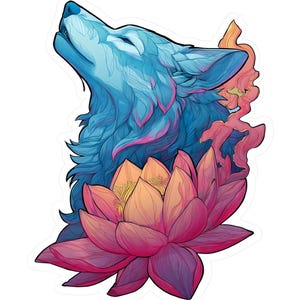 May include: A sticker featuring a stylized illustration of a howling wolf in shades of blue, with pink accents, above a lotus flower in shades of pink and orange. The design has a watercolor effect.