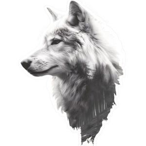 May include: A black and white photo of a wolf's head with a forest scene superimposed over the fur.