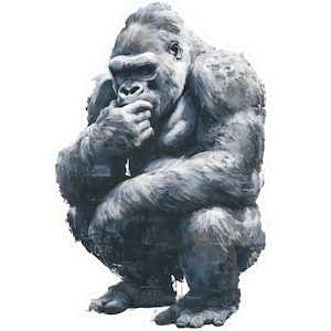 Könnte beinhalten: Ein Aufkleber mit einer detaillierten Illustration eines Gorillas in nachdenklicher Pose. Der Gorilla ist in Grau- und Weißtönen dargestellt und hat ein strukturiertes, fast ziegelartiges Aussehen. Der Gorilla hockt, die Hand am Mund.