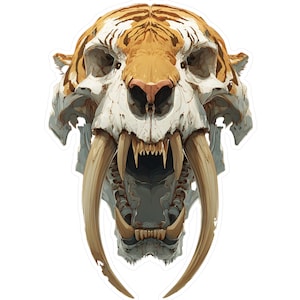 May include: A sticker featuring a detailed illustration of a saber-toothed tiger skull. The skull is primarily white with tan and orange accents, including the distinctive stripes on the head. The large, curved fangs are a prominent feature.