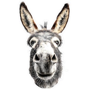 May include: A detailed illustration of a donkey's face, featuring a close-up view. The donkey has gray and white fur, with large, expressive eyes and long, upright ears. The image is set against a clean white background, highlighting the animal's features.