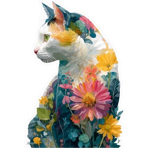 Cat Flowers Decal, Watercolor Vinyl Sticker, Laptop Decal, Car Decal, Floral Cat Decal, Cute Pet Decal