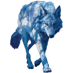 May include: A blue wolf with white markings walks forward with its head down. The wolf is rendered in a painterly style.