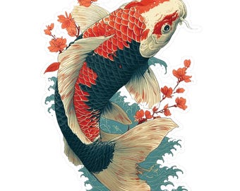 May include: A sticker featuring a koi fish with red, white, and black scales swimming through stylised teal waves. The fish is surrounded by orange cherry blossom branches, with detailed fins and a white outline against a plain background.