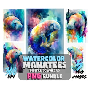 Watercolor Manatee Portraits: 5 Cute Manatee PNG Images - Printable wall art - Manatee PNG - Digital Download Clipart - Commercial Rights