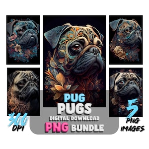 Pug Dog Portrait PNG Images: Floral Canine Art (Digital Download)