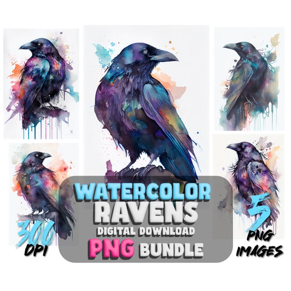 Watercolor Raven Portraits: 5 Raven Crow PNG Images - Printable wall art - Raven PNG - Digital Download Pets - Commercial Rights clipart