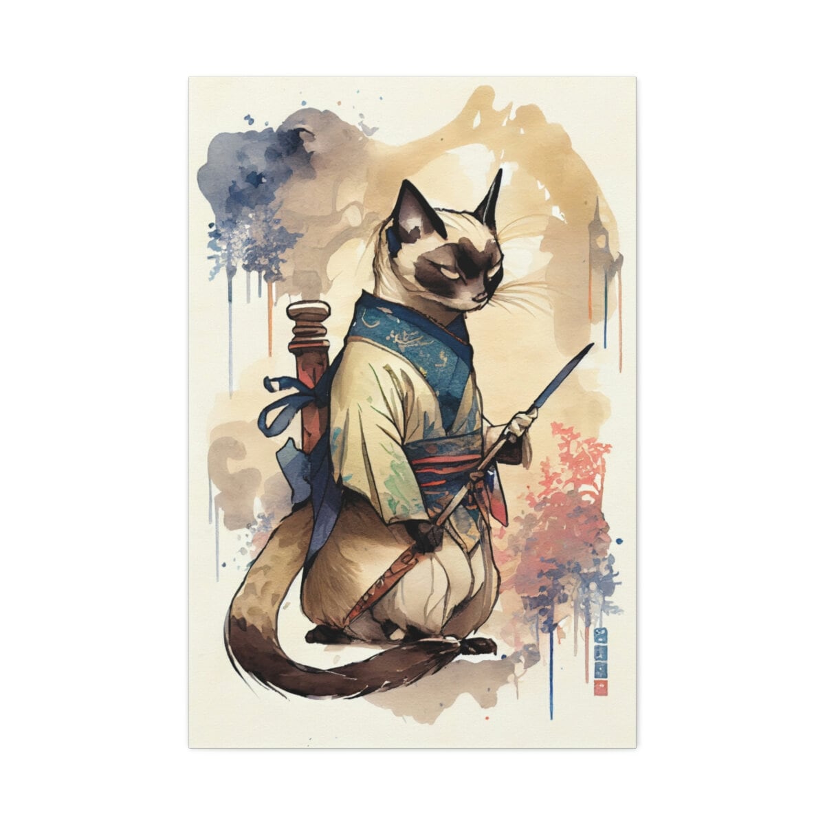 Samurai Siamese Cats Watercolor PNG - ilustrasi kucing samurai