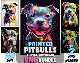 Painted Pitbull Puppy Portraits: 5 Pitbull Dog PNG Images - Printable wall art Design - Canine Art PNG Graphics - Digital Download Pets
