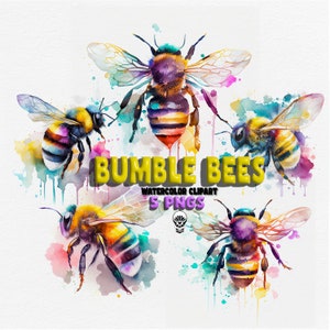 Watercolor Bumble Bee Clipart: 5 PNG Images (Digital Download)