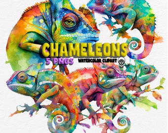 May include: Five watercolour chameleon illustrations in vibrant colours, including blue, green, orange, red, and yellow. The chameleons are depicted in various poses, with some perched on branches and others with their tongues extended. The artwork is titled "Chameleons 5 PNGs Watercolour Clipart".
