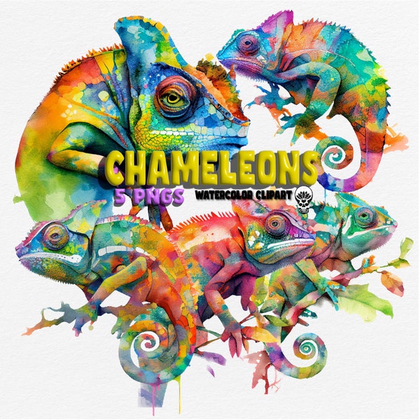 Watercolor Chameleon PNG, Chameleons Digital Clipart, Chameleon Sublimation PNG, Wall Decor Digital Download Commercial Rights Reptile PNG