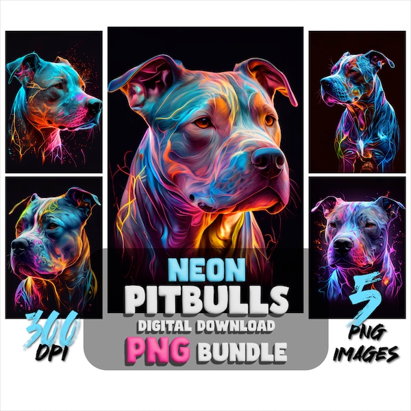 Neon Pitbull Portraits: 5 Pitbull Dog PNG Images - Printable wall art Design - Canine Art PNG Graphics - Digital Download Pets