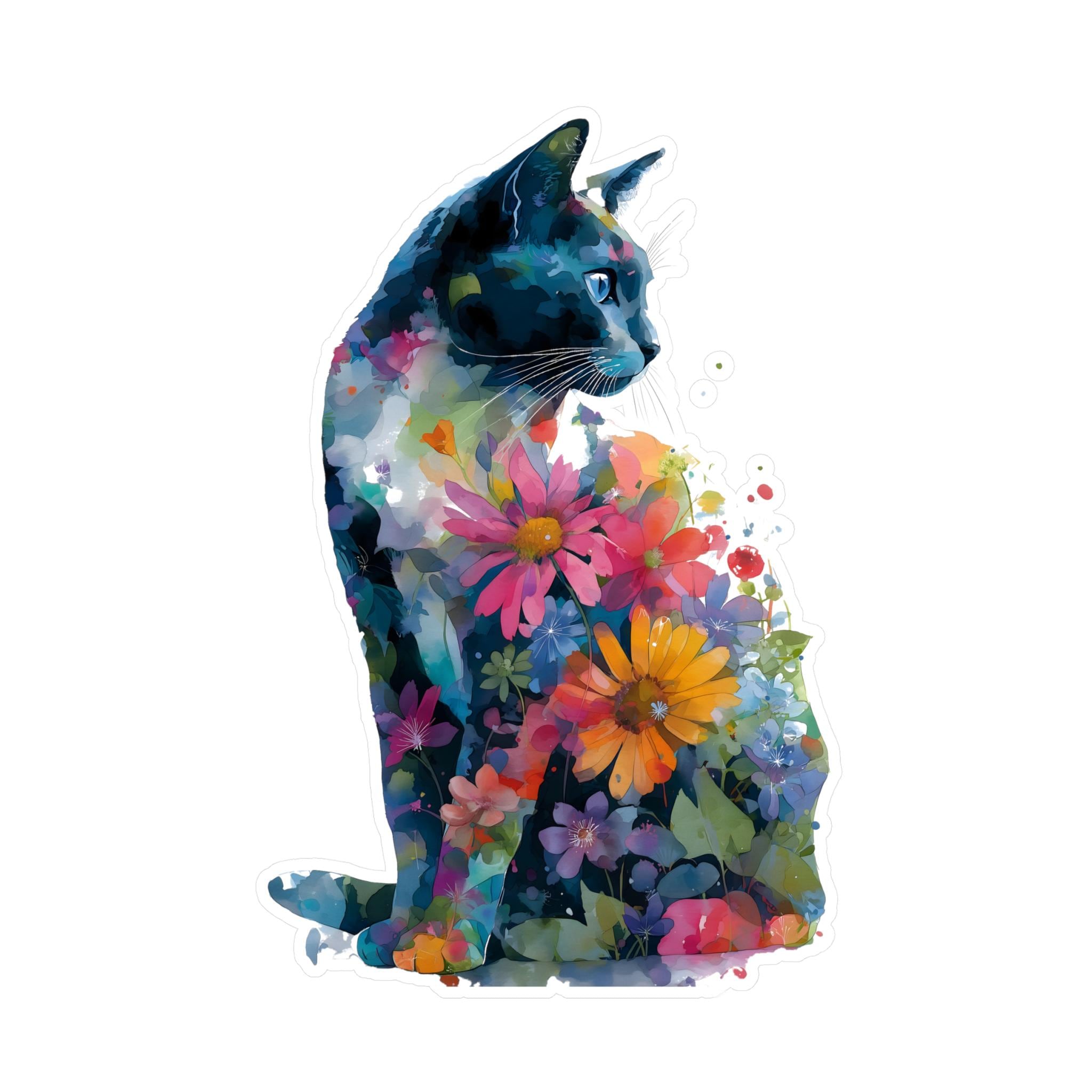 Cat Flowers Decal, Watercolor Vinyl Sticker, Laptop Decal, Car Decal, Floral Cat Decal, Cute Pet Decal