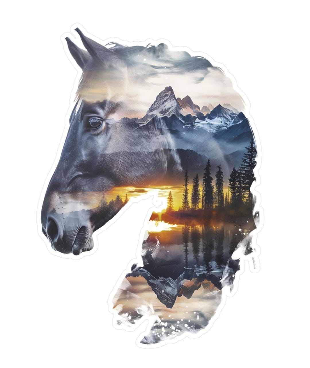 Double Exposure Horse Vinyl Decal: Mountains & Beach, Nature Lover Gift ...