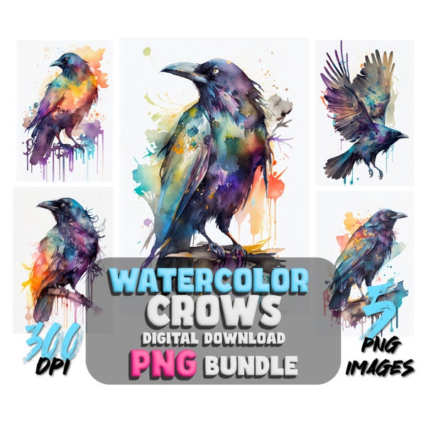 Watercolor Crow Portraits: 5 Crow Raven PNG Images - Printable wall art - Crow PNG - Digital Download Pets - Commercial Rights clipart