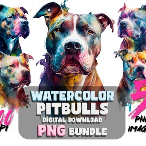 Watercolor Pitbull Dog Images: PNG Clipart Bundle (Digital Download)