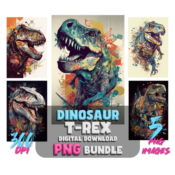 Painted T-Rex Portraits: 5 Tyrannosaurus Rex PNG Images - Printable wall Art - Dinosaur Art PNG Clipart Graphics - Digital Download Pets